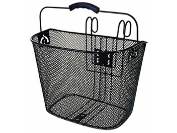 One black bicycle basket, it has flattened expanded metal and PVC construction, with one handle and two hooks.