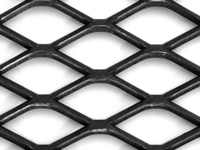 This is part of an black painted expanded metal panel with diamond mesh opening.