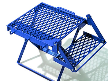 There is a blue collapsible shelf of small size, its two supporting surfaces are different sizes.
