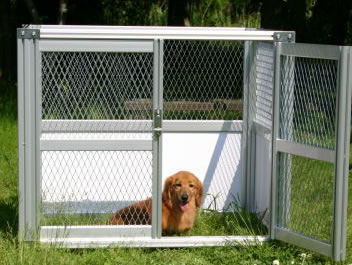 There is one dog cage made of stainless steel expanded metal and other materials, and a dog is in it.