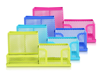 There are four pen cases with flattened expanded metal construction and colorful PVC coated, each one has three partitions.