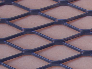 One piece of purple PVC coated raised expanded metal sheet with diamond openings.